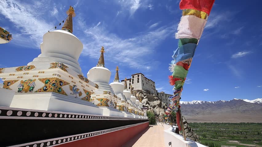 Plenty Of Colorful Buddhist Prayer Flags On The Stupa Near Takthok