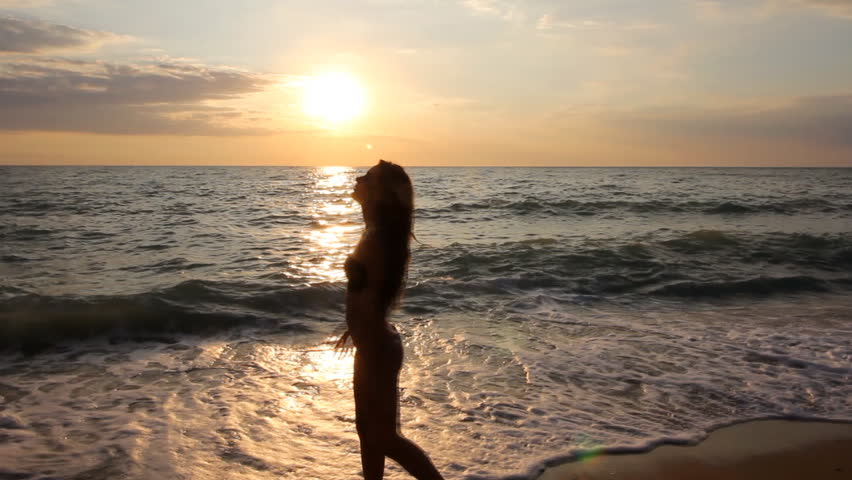 Silhouette Girl Watching Sunset At The Beach Stock Footage Video ...