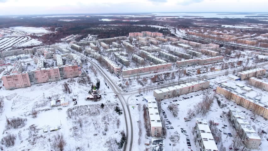 Flying Above Winter Town Of Segezha In Karelia. Modern Dwelling 