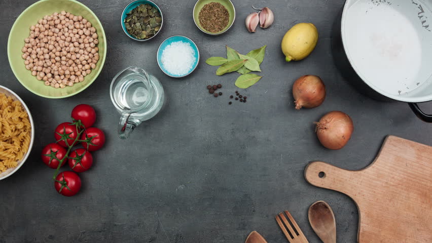 Moving Vegetables On Kitchen Table, Blank Paper With Space 