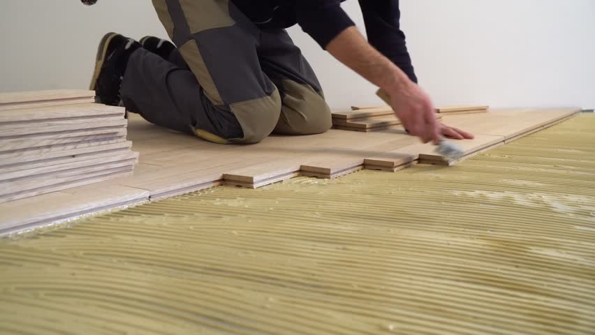 Carpenter Worker Installing Wood Parquet Stock Footage Video