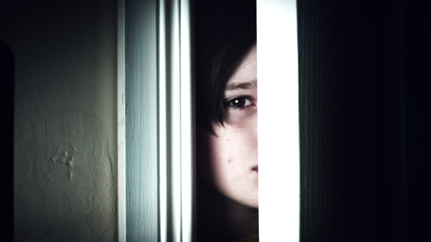 4k Thriller Child Eye Looking Through Door Gap Dolly