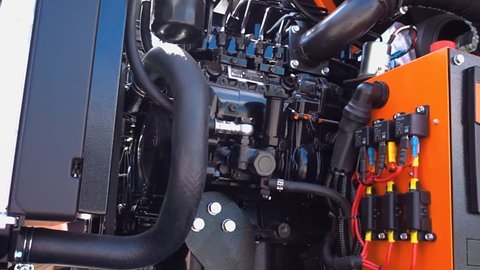 High-power mobile diesel generator on the basis of internal combustion engine. Shot in motion