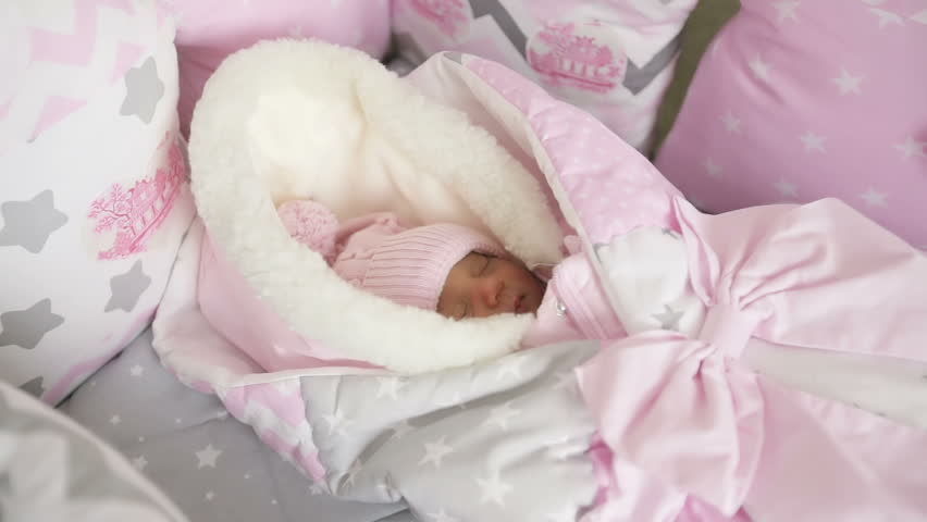 Hd00 08sweet Baby Girl In Winter Overalls Sleeping In The Crib For A