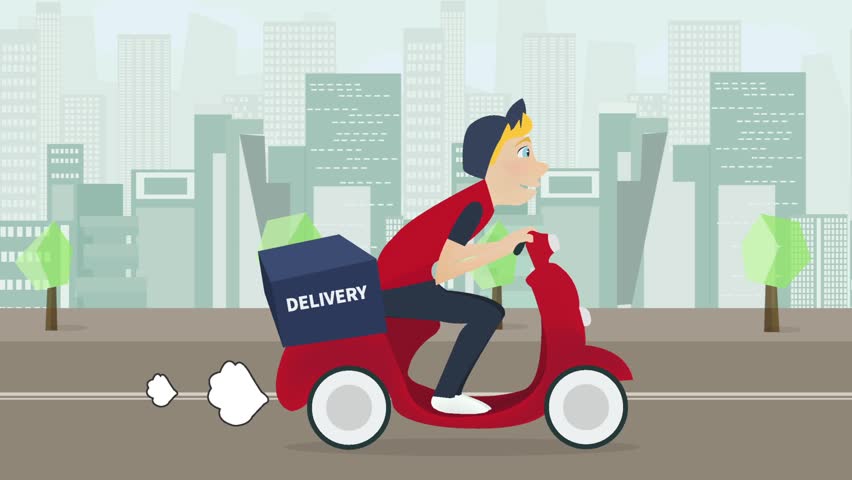 Food Delivery Concept. Boy Riding On Scooter Or Motorcycle, Delivering