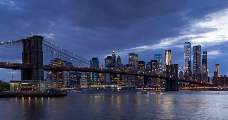 Beautiful View Of Manhattan Skyline And Brooklyn Bridge At Night. Time ...