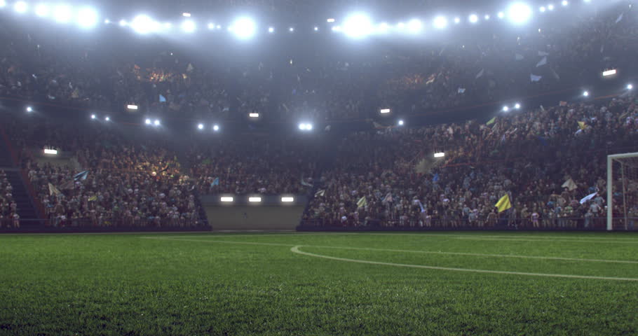 Football Field In The Stadium In Blurry Focus For Background. Stock