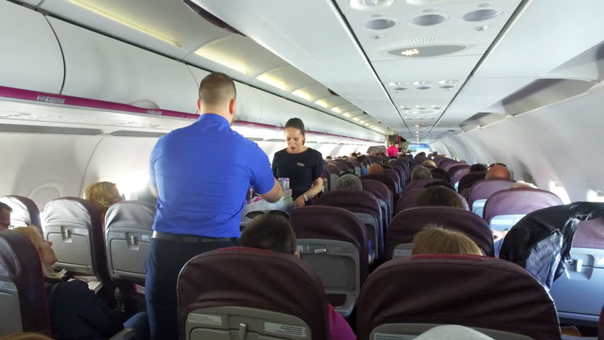 Inside Airplane. Passengers Sitting In Aircraft. Airborne 