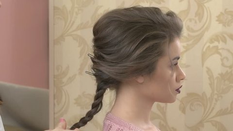 Hairdresser Making Braid Young Woman In Hair Salon Evening Braided Hairstyles