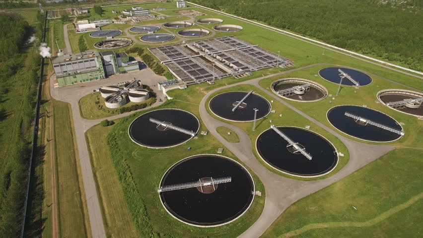 Aerial Of A City's Waste Management Sewage And Water Treatment Plants ...