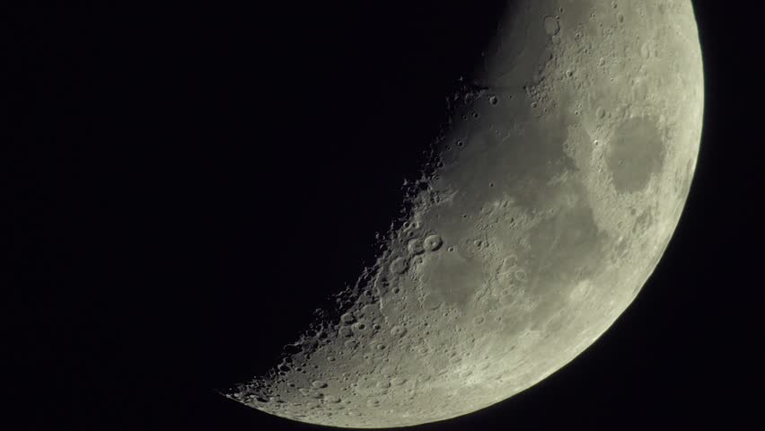 Flying Over The Moon Surface. View From A Spaceship. Close Up View