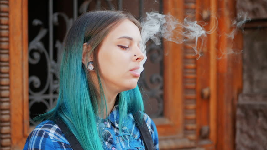 SLOW MOTION: Emo Girl Smoking Cigarette.Street Punk Or 