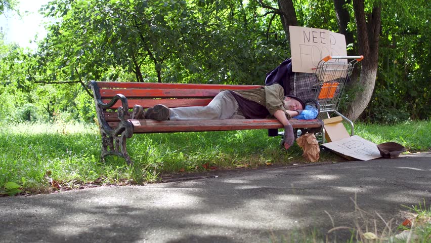 4k00 09footage With Old Drunk Tramp Sleeping On Bench In The