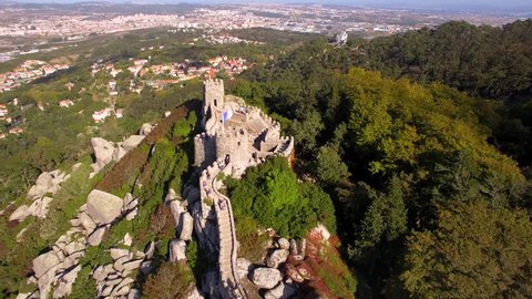 Moorish Castle (Castelo dos Mouros) and Sintra cityscape, near Lisbon, Portugal, aerial view.