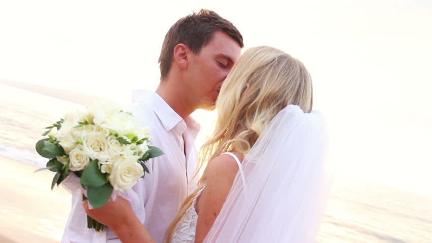 Newly Married Kissing On Tropical Beach After Sunset Hy Bride And Groom Sunset Wedding On Tropical Beach Hd Video