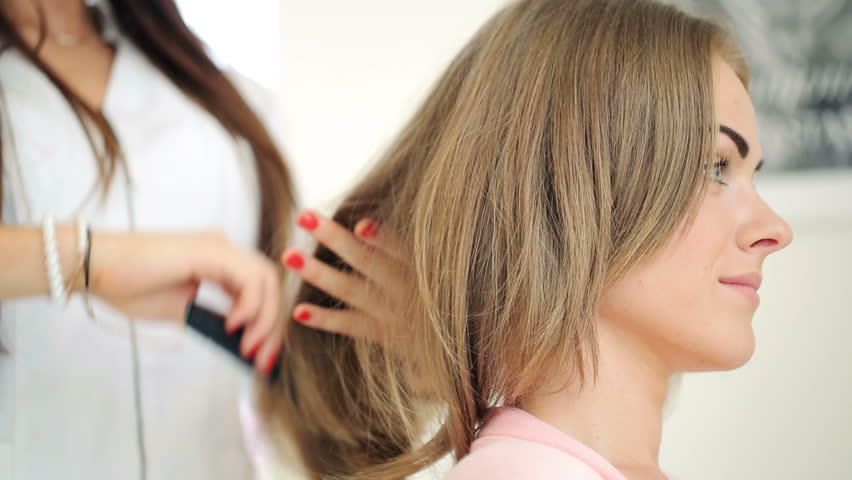 Happy Woman Looking At Her New Haircut In Hair Salon Stock 
