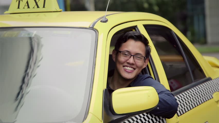 Portrait Of Happy Asian Taxi Driver Leaning On Yellow Car With Arms ...