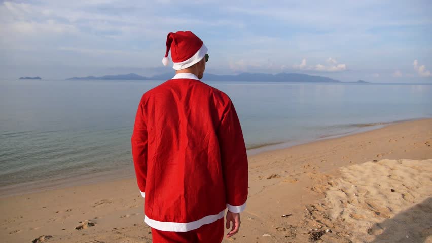 Drunk Santa Claus Drinking Beer On A Beach. Merry Christmas And Happy ...